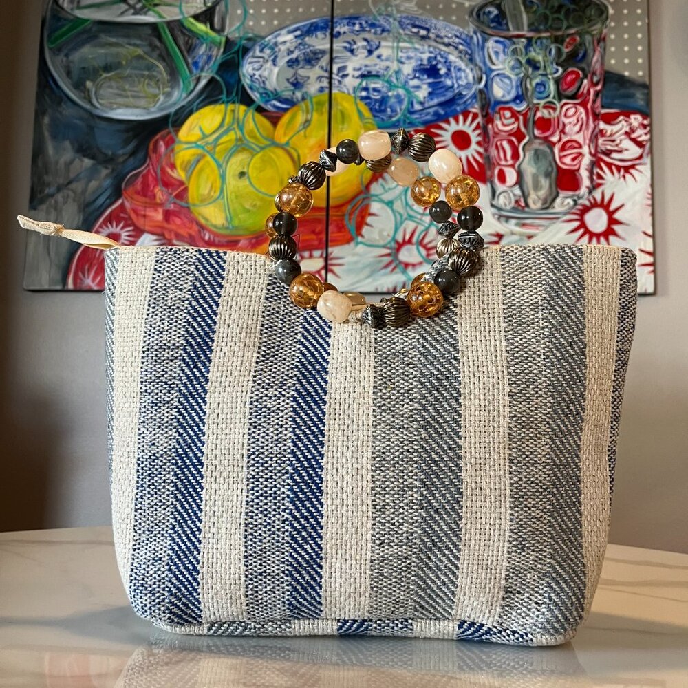 Nanette Lepore Blue and Cream Striped Straw Satchel with Beaded Wristlet